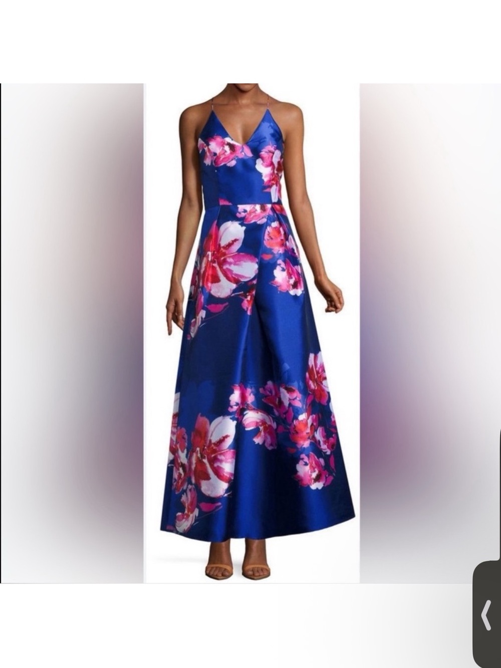 byby Royal Blue Floral Satin V-Neck Prom Dress with Pink Accents